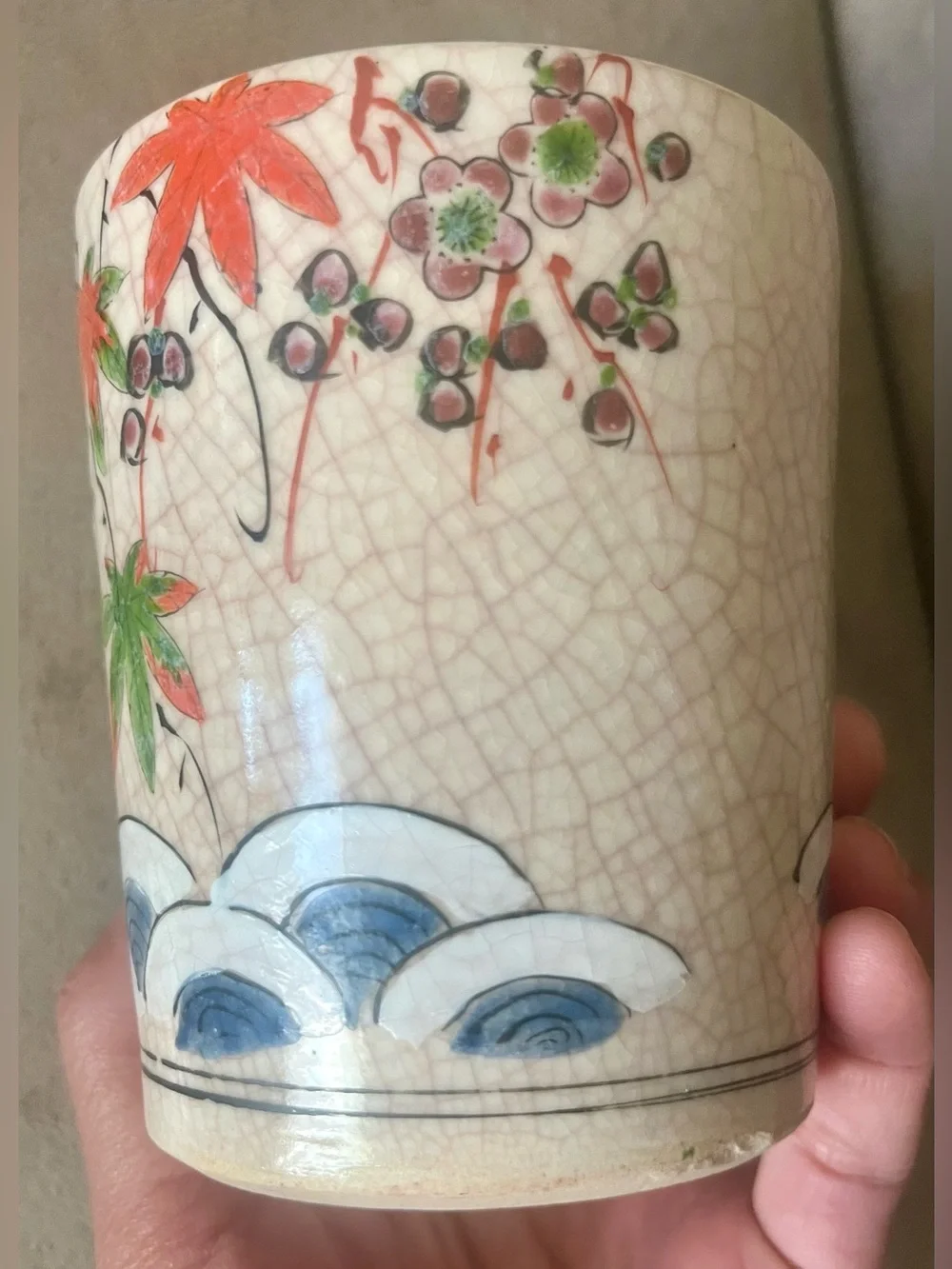 Vintage Japanese Yunomi Tea Cup Signed Maple Crackle Glaze